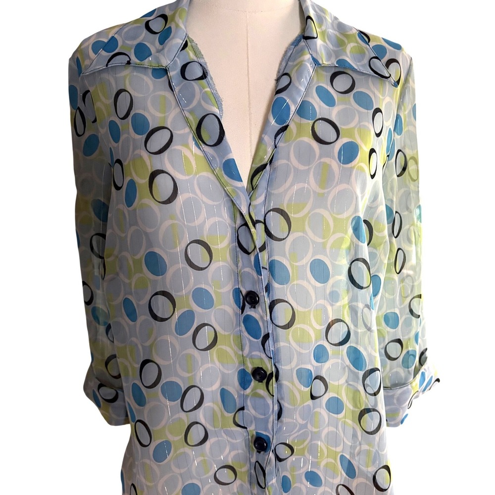 Dressbarn Womens Large Blue Green Geometric Circle Metallic Pinstripe Blouse